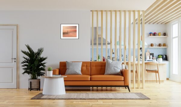 Living room interior wall mockup in warm tones with leather sofa which is behind the kitchen.