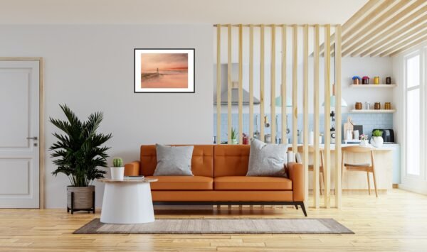 Living room interior wall mockup in warm tones with leather sofa which is behind the kitchen.
