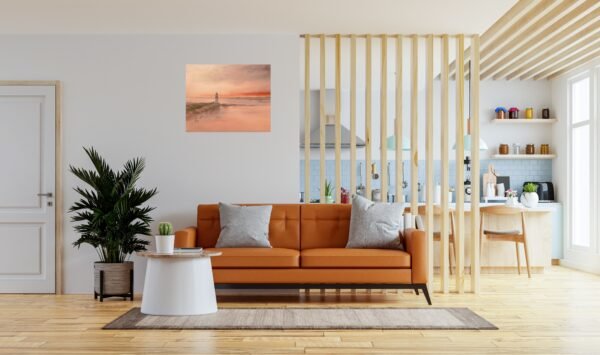 Living room interior wall mockup in warm tones with leather sofa which is behind the kitchen.