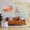 Living room interior wall mockup in warm tones with leather sofa which is behind the kitchen.