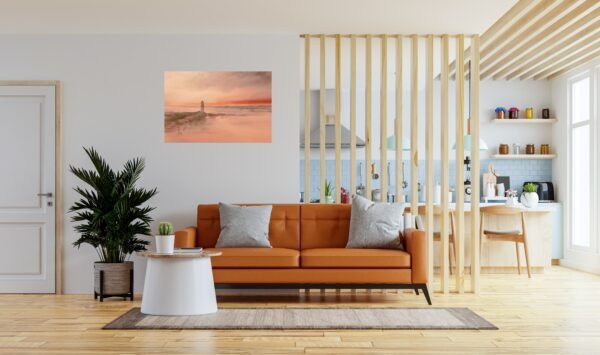 Living room interior wall mockup in warm tones with leather sofa which is behind the kitchen.