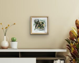 Tableau abstrait vert sur mur beige