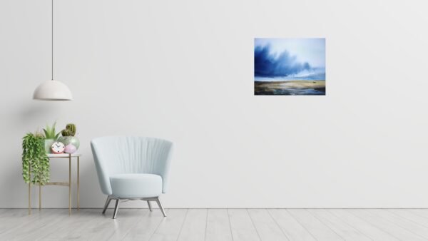 The interior has a armchair on empty white wall background.