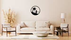 Tableau en bois noir créart avec une planche de surf et un palmier