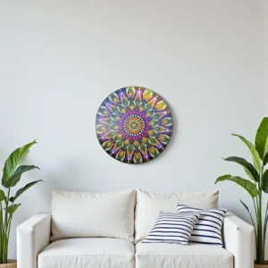 Tableau en bois mandala en pointillisme vert/fuchsia metallisé, décoration d'intérieur, décoration murale, pièce unique