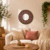 Miroir Mandala en bois – Pointillisme mauve, rose & jaune