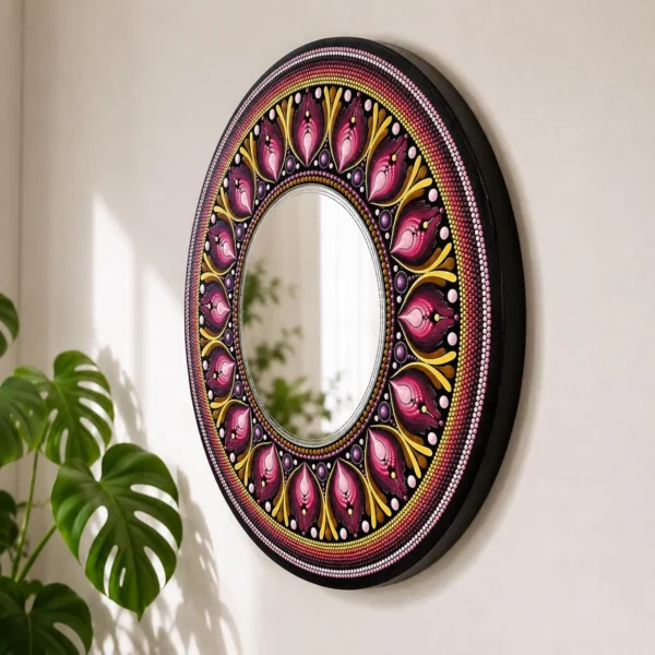 Miroir Mandala en bois – Pointillisme mauve, rose & jaune